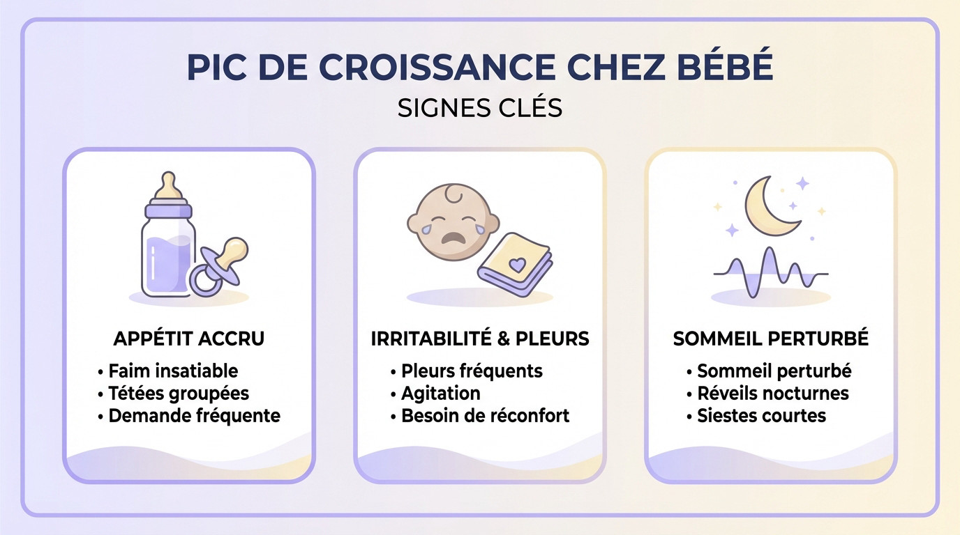 Bébé agité dans les bras de sa mère illustrant les signes d'un pic de croissance